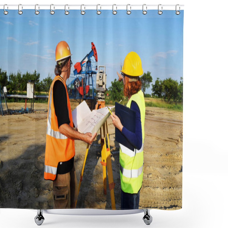 Personality  Two Geodets At Work On An Oil Well Shower Curtains