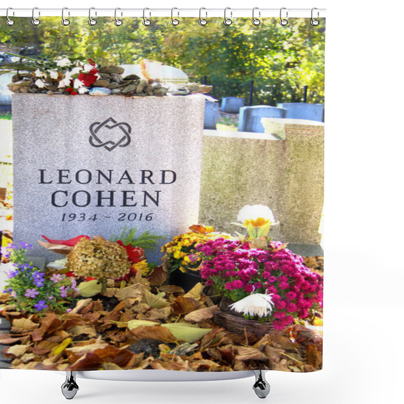 Personality  Solemn Image Of Leonard Cohen's Gravestone, Adorned With Flowers, Stones, And Colorful Tributes. The Site Reflects Respect And Remembrance For The Legendary Singer, Songwriter, And Poet. Shower Curtains