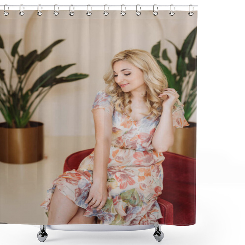 Personality  Beautiful Happy Blonde Girl With A Shy Smile In A Summer Dress With A Floral Print. Soft Selective Focus. Shower Curtains