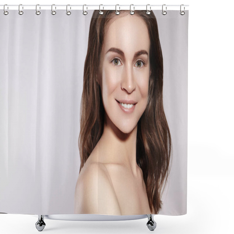 Personality  Beautiful Smiling Woman With Clean Skin, Natural Make-Up. Joyfull And Happiness. Emotional Female Face. Health And Wellness. Love Yourself Shower Curtains