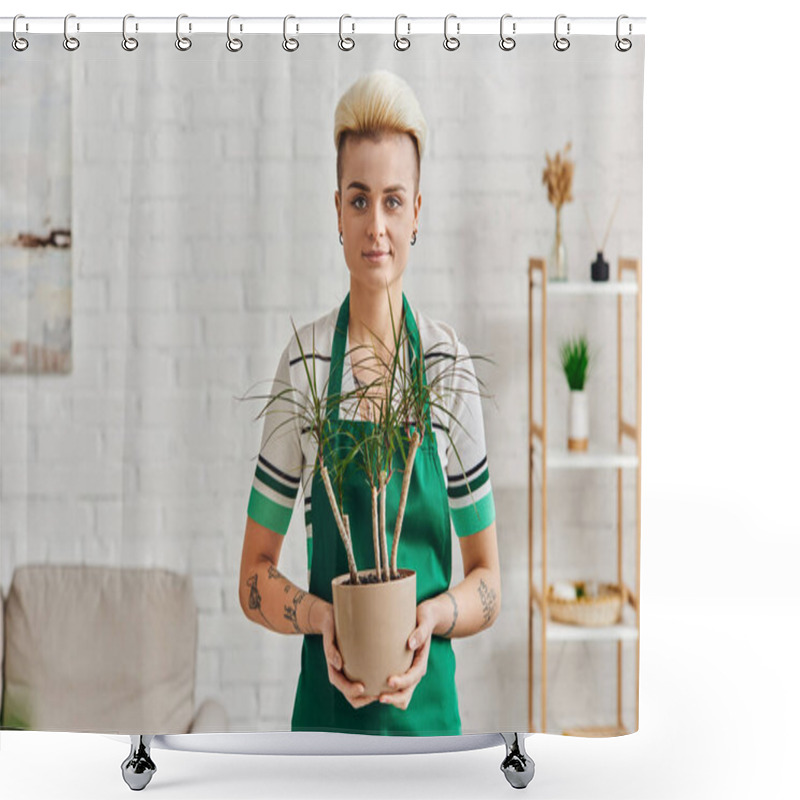 Personality  Tattooed Woman With Trendy Hairstyle, Wearing Green Apron, Holding Flowerpot With Tropical Plant And Looking At Camera In Apartment, Eco-friendly, Sustainable Home Decor And Green Living Concept Shower Curtains