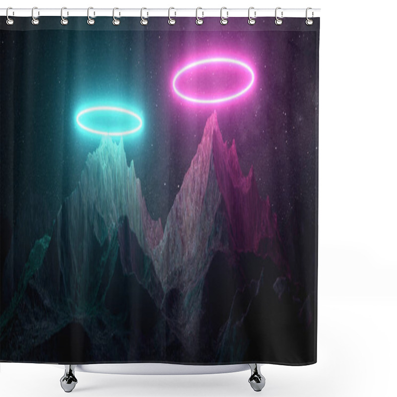 Personality  Beautiful Minimalist Fantastic Landscape. Bright Neon Circles Among The Mountains Against The Background Of A Rotating Night Starry Sky. 3d Illustration. Blue Pink Spectrum Shower Curtains