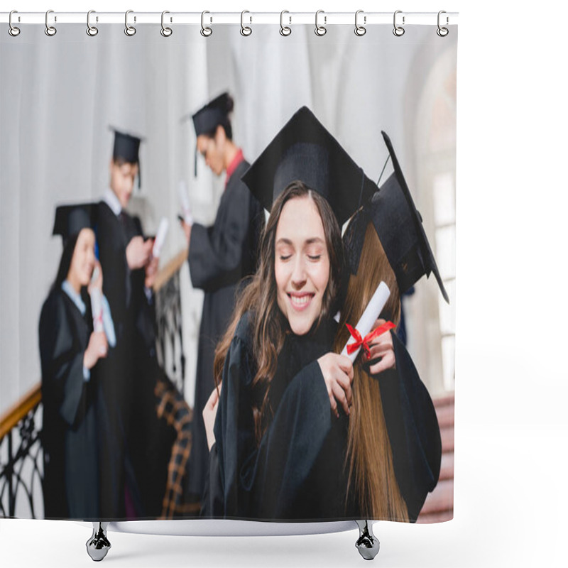 Personality  Selective Focus Of Cheerful Girl Holding Diploma And Hugging Near Students  Shower Curtains