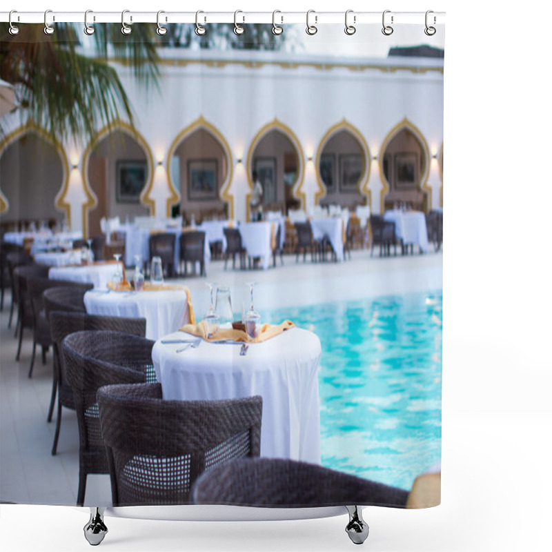 Personality  Summer Empty Open Air Luxury Restaraunt At Exotic Hotel Shower Curtains