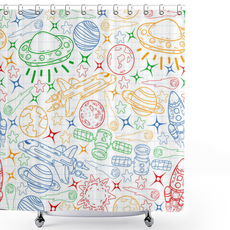 Personality  Earth, Moon, Jupiter, Sun Saturn Vector Doodle Space Pattern Shower Curtains