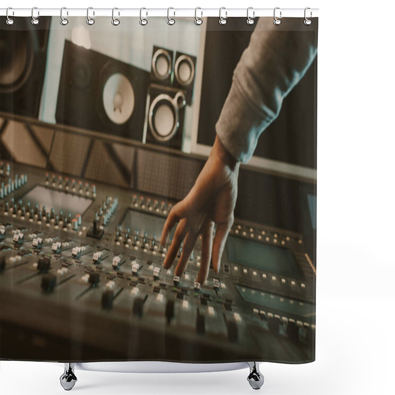 Personality  Cropped Shot Of Sound Producer Setting Graphic Equalizer At Studio Shower Curtains