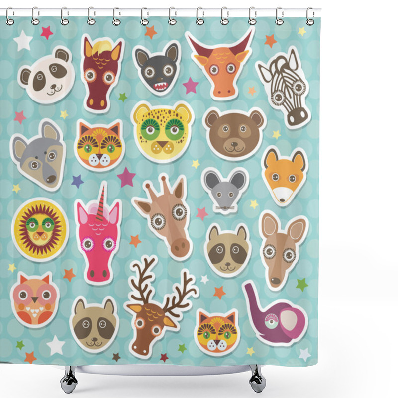 Personality  Sticker Set Of Funny Animals Muzzle. Teal Background With Stars, Polka Dot. Vector Shower Curtains