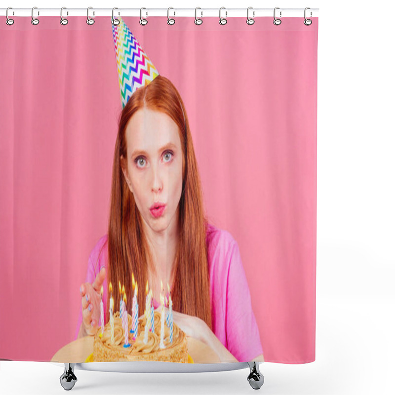 Personality  Redhaired Ginger Woman Make A Wish Fingers Crossed , Eyes Closed Blowing Out Candles On A Birthday Cake Shower Curtains