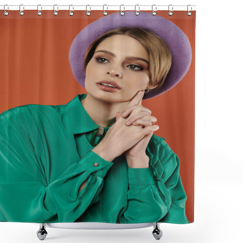 Personality  Stylish Woman In Purple Beret And Green Shirt Confidently Poses Against Orange Backdrop. Shower Curtains