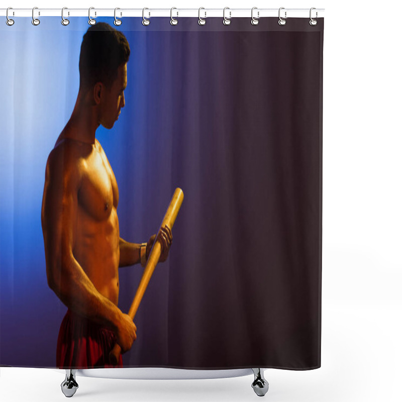 Personality  Sportive Shirtless Mixed Race Man Holding Baseball Bat On Blue And Dark Purple Gradient Background Shower Curtains