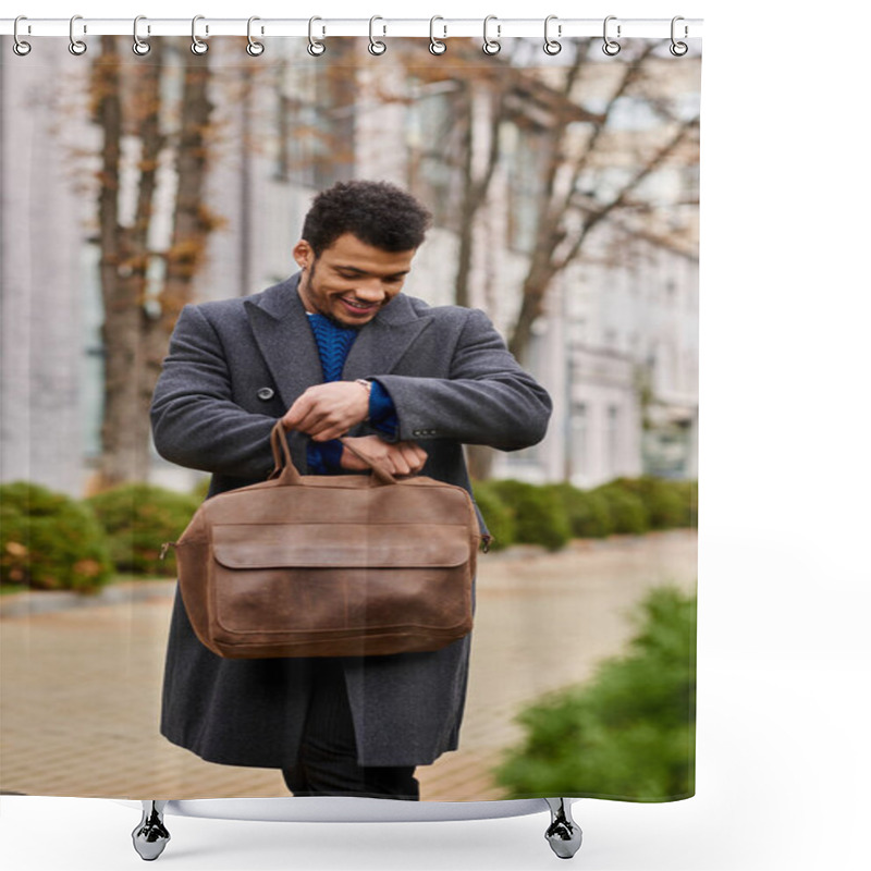 Personality  A Stylish Man Looks Cheerful While Inspecting His Brown Bag On A Pleasant Day Outdoors Shower Curtains