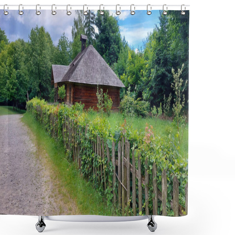 Personality  Rustic Wooden House With Lush Garden And Wooden Fence In The Countryside Shower Curtains