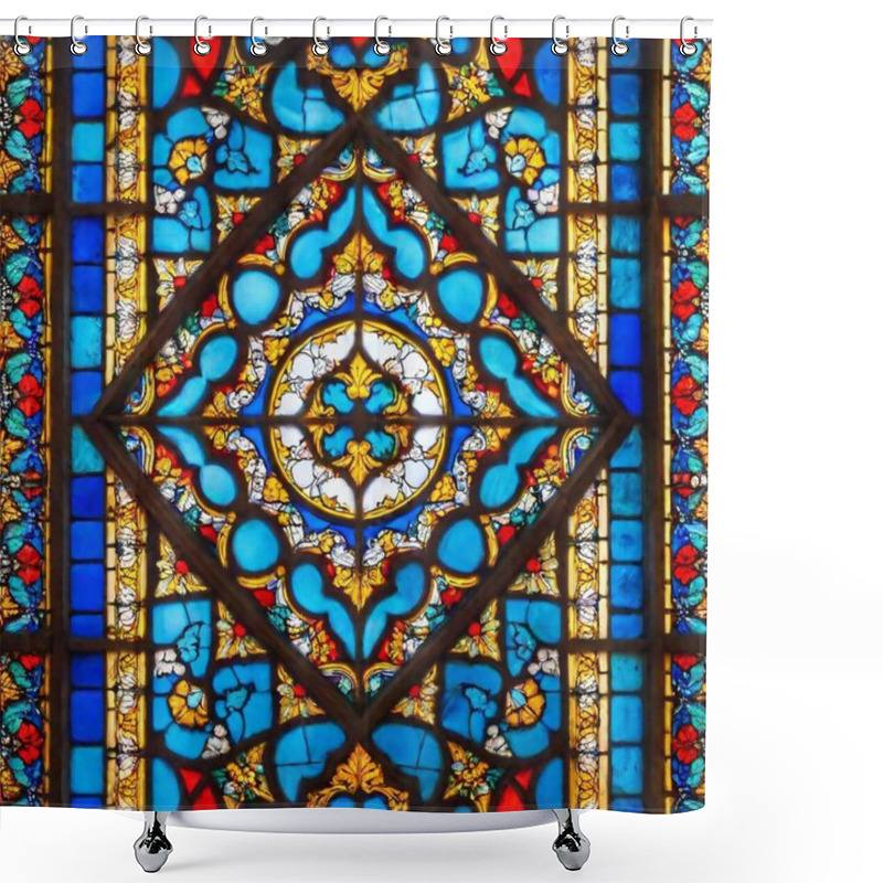 Personality  A Detailed Close-up Of A Stained Glass Window Depicting A Scene From Diverse Cultures, Captured In Deep Focus To Highlight The Intricate Designs And Craftsmanship. Shower Curtains