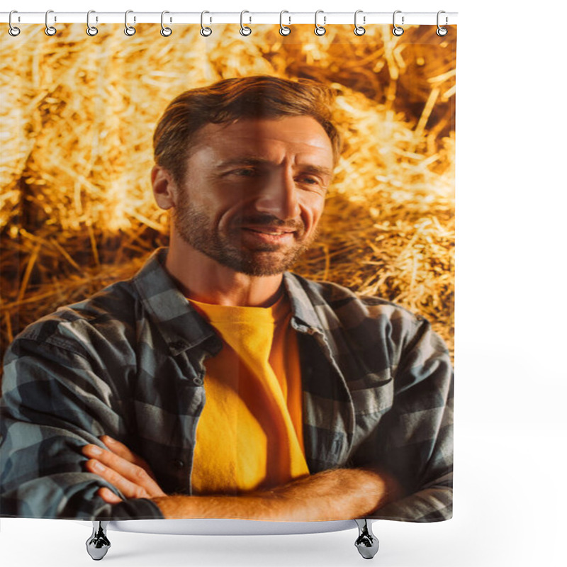 Personality  Rancher In Plaid Shirt Near Bale Of Hay Looking Away In Sunshine Shower Curtains