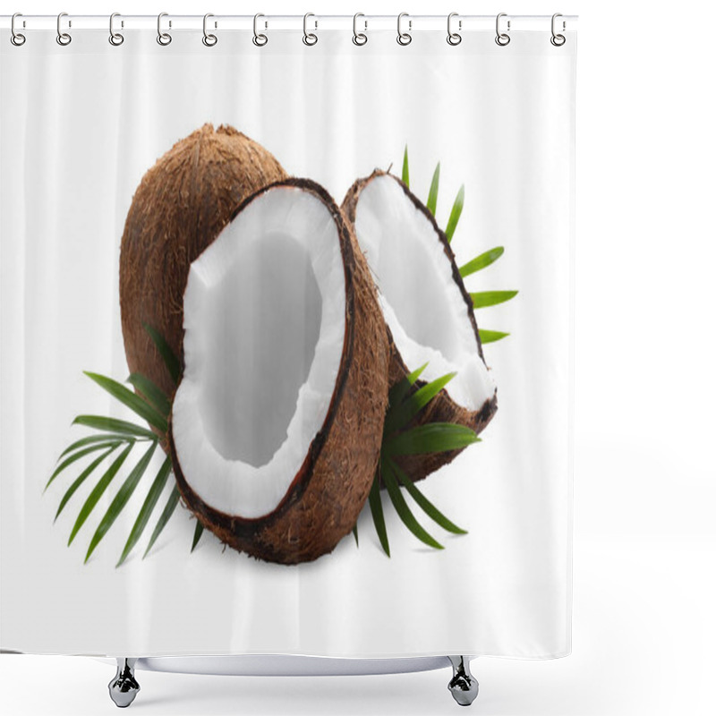 Personality  Fresh Ripe Coconuts With Green Leaves On White Background Shower Curtains