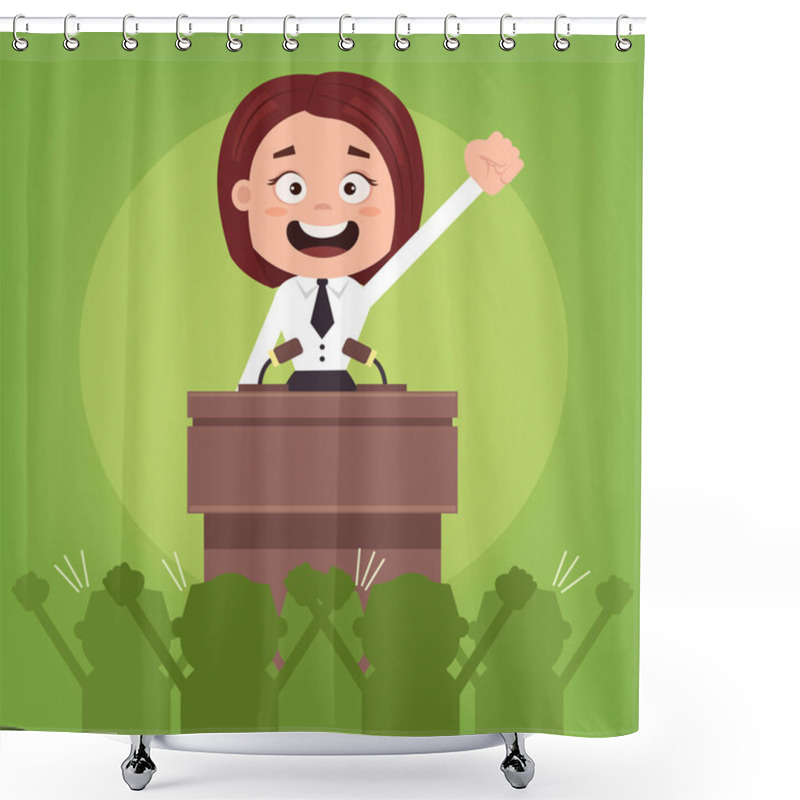 Personality  Happy Smiling Businessman Office Worker Politician Woman Character Speaking From Rostrum. Vector Flat Cartoon Illustration Shower Curtains