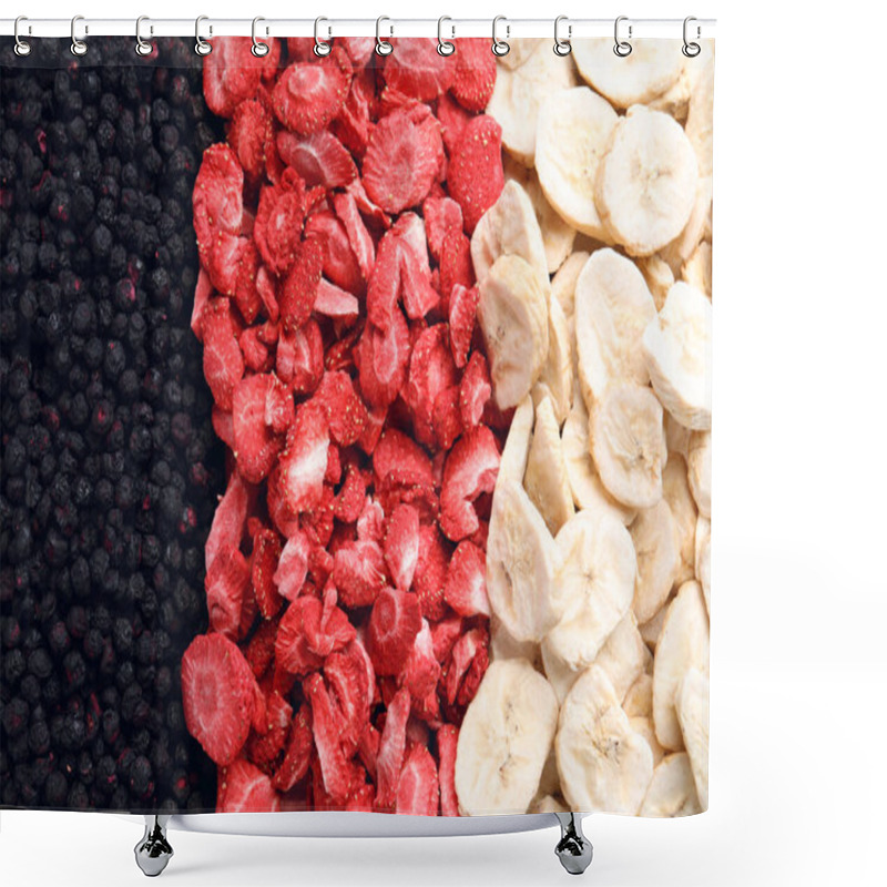 Personality  Closeup Of Freeze Dried Blueberries, Strawberries And Bananas As Background, Top View Shower Curtains