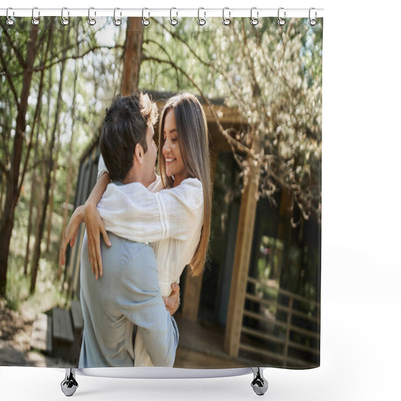 Personality  Happy Man And Woman Hugging And Looking At Each Other, Vacation House In Forest, Romance And Love Shower Curtains