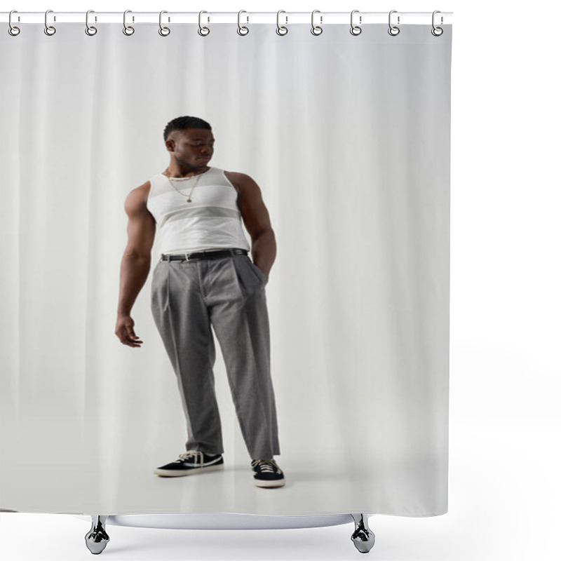 Personality  Full Length Of Young African American Man In Sleeveless T-shirt And Pants Holding Hand In Pocket And Standing On Grey Background, Contemporary Shoot Featuring Stylish Attire Shower Curtains