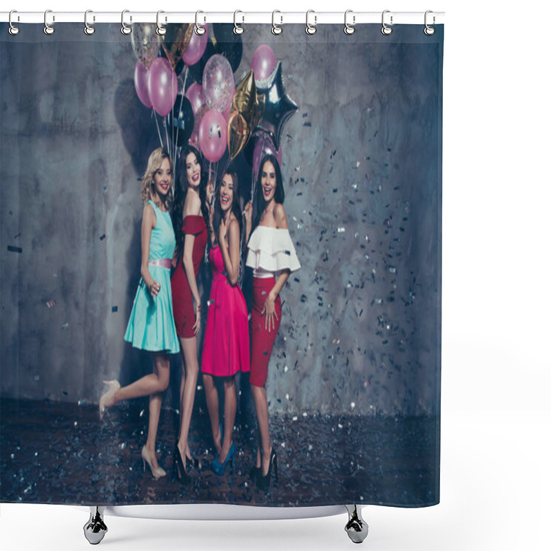 Personality  Full Length Body Size View Of Nice Lovely Graceful Slim Thin Chic Attractive Gorgeous Cheerful Glad Positive Ladies Standing On High Heels Holding In Hands Baloons Having Fun Over Gray Concrete Wall Shower Curtains