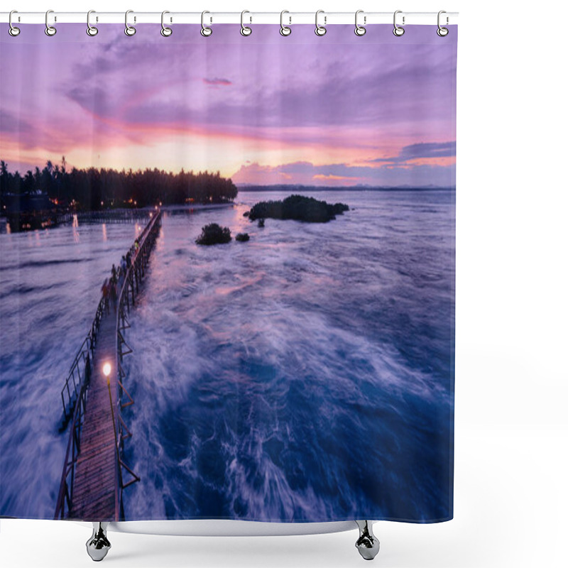 Personality   Sunset On The Seashore. Wooden Bridge On Cloud 9 Beach, Siargao Island Philippines. Shower Curtains