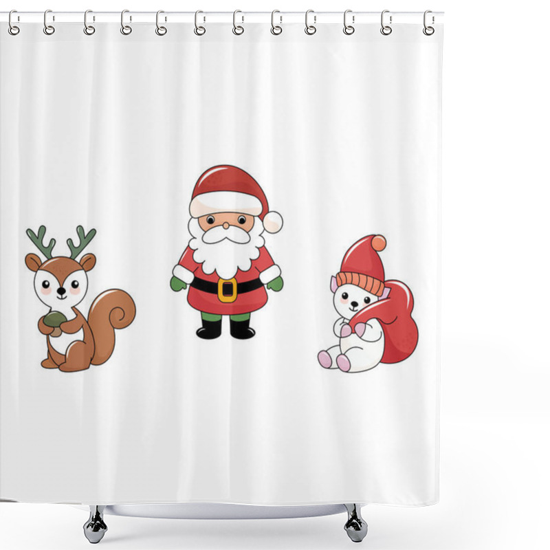 Personality  Cute Cartoon-style Christmas Illustration. A Set Of Festive Items: Santa Claus, Christmas Tree, Gifts, Christmas Tree Toy, Polar Bear With A Bag Of Gifts, Reindeer, Lollipop, Snow Globe With Fireplace, Christmas Sock With Gifts. Bright And Colorful E Shower Curtains