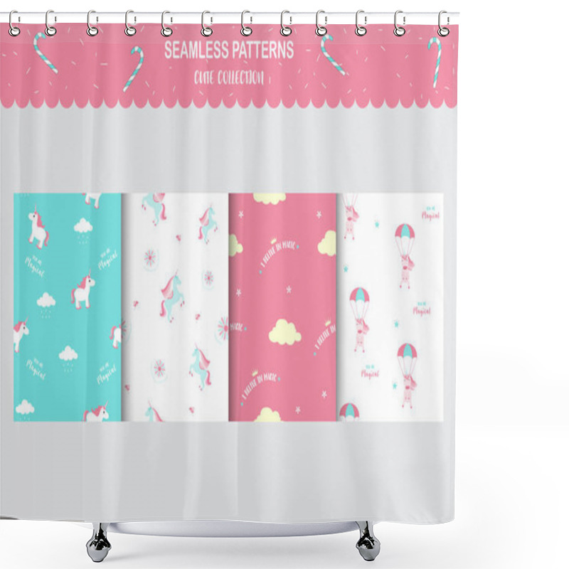 Personality  Seamless Pattern With Cute Unicorns, Clouds, Stars,rainbow And Crystals ,template,cards, Vector Illustrations Shower Curtains