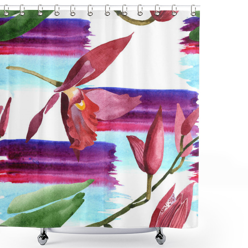 Personality  Marsala Orchids With Green Leaves On White Background With Paint Brushstrokes. Watercolor Illustration Set. Seamless Background Pattern.  Shower Curtains