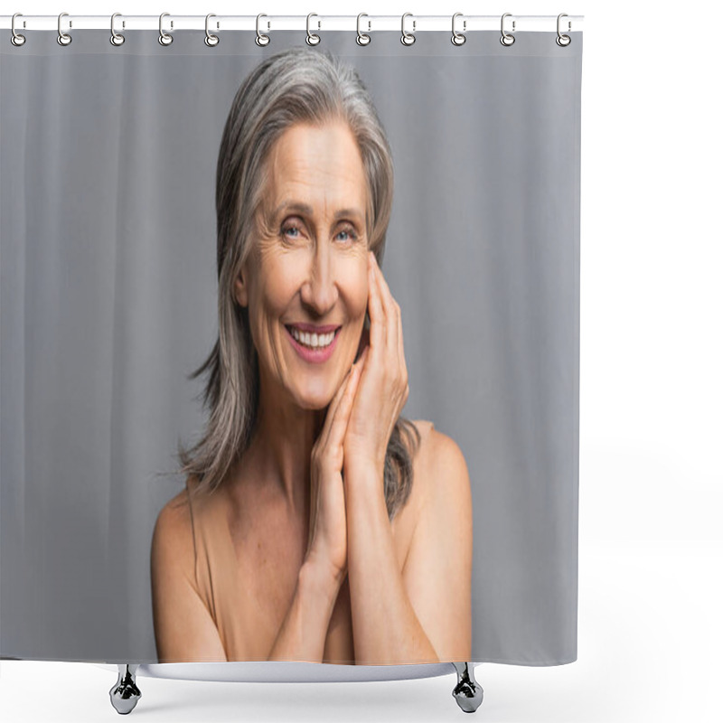 Personality  Enchanting Senior Lady Touching Face Gently, Enjoying Her Age Shower Curtains