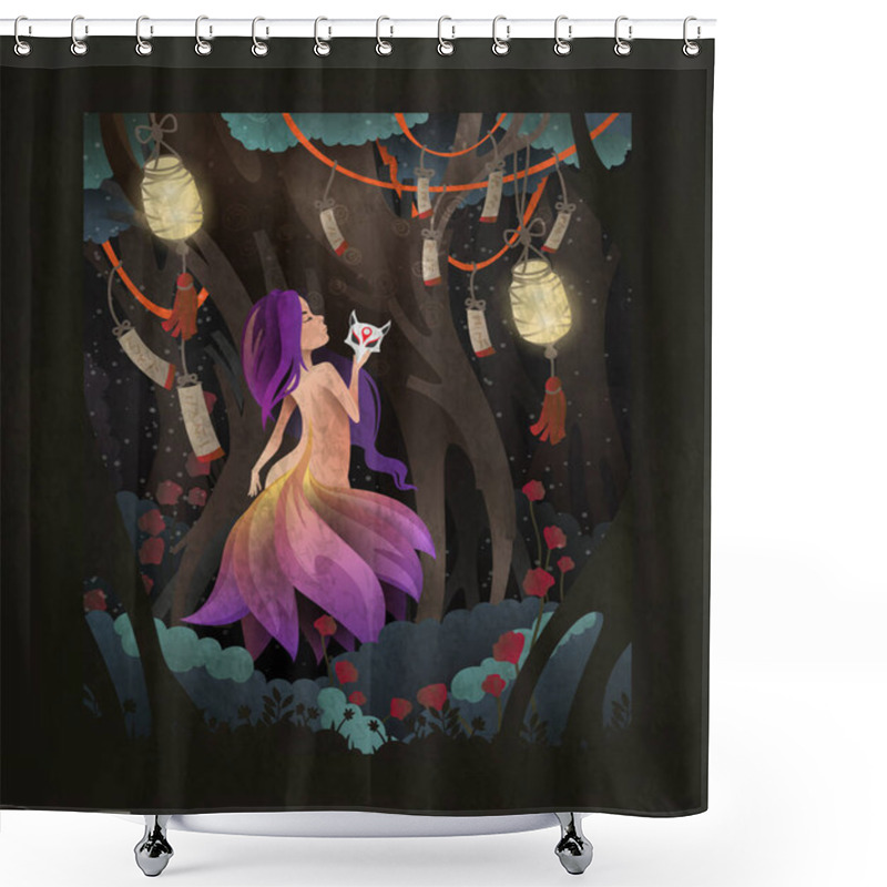 Personality  Kitsune Or Nine-taled Fox Shapeshifter Asian Fairy Tale Character Vector Illustration Shower Curtains