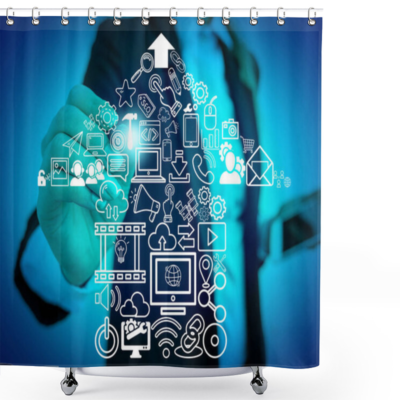 Personality  Female Human Presenting A Presentation Using The Latest Sophisticated Devices. Woman Wear Formal Working Suit Introducing How Smart Gadget Works. Photo Of Modern Life. Shower Curtains