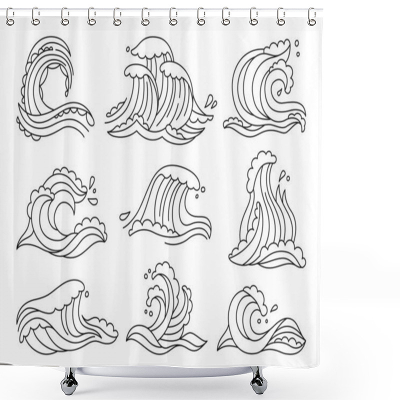 Personality  Sea Waves Doodle Set Ocean Water Sketch Vector Shower Curtains