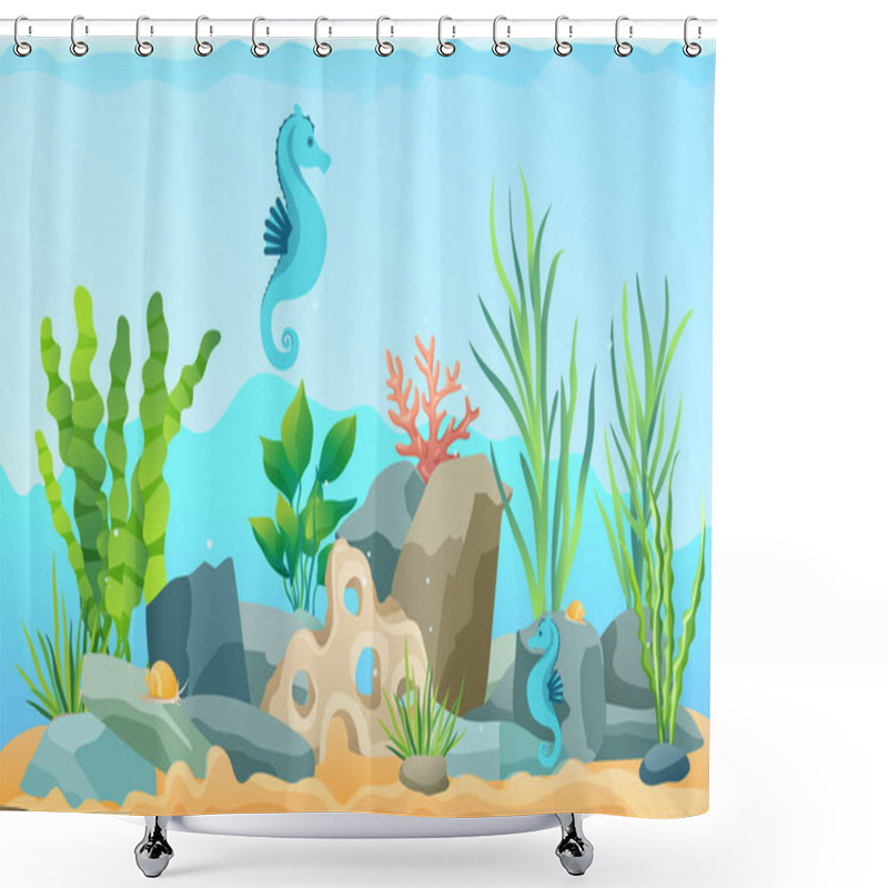 Personality  Ocean Bottom, Seabed With Marine Plants And Animals. Underwater World With Sea Horses And Seaweed Shower Curtains