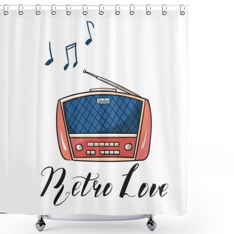 Personality  Old Radio. Cartoon Illustration Of An Old Radio Receiver Of The Last Century. Red And Pink Retro Radio Shower Curtains