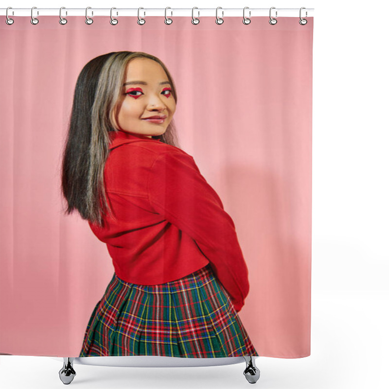 Personality  Asian Young Woman In Valentines Day Red Jacket Posing On Pink Background, Heart Shape Eye Makeup Shower Curtains