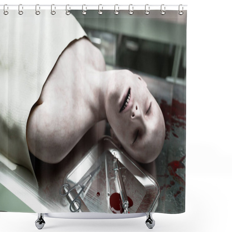 Personality  Cadaver, Dead Male Body In Morgue On Steel Table. Corpse. Autopsy Concept. 3d Rendering. Shower Curtains