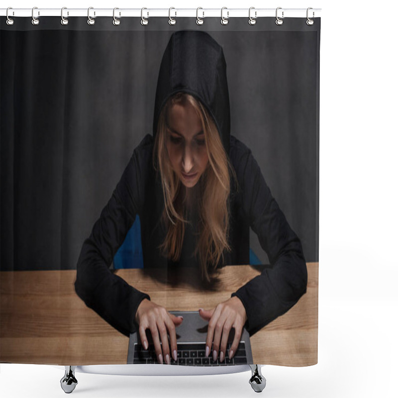 Personality  Focused Female Hacker In Black Hoodie Using Laptop At Wooden Tabletop Shower Curtains