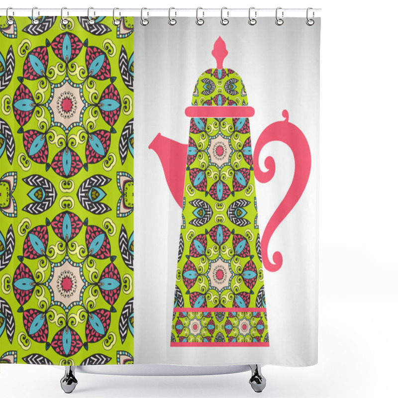 Personality  Teapot With Decorative Ornament And Seamless Pattern Shower Curtains