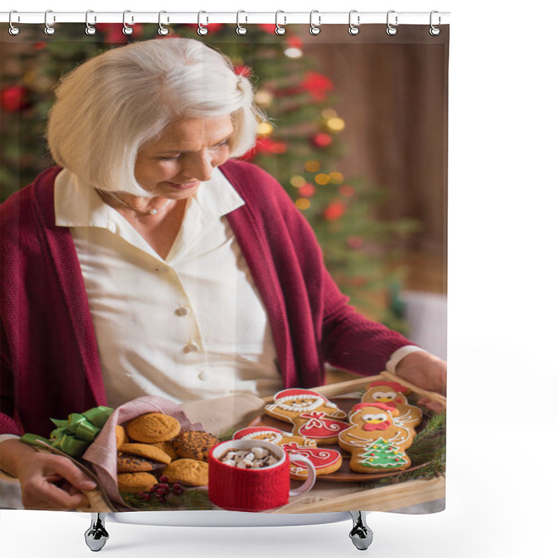 Personality  Woman Holding Tray With Christmas Cookies Shower Curtains