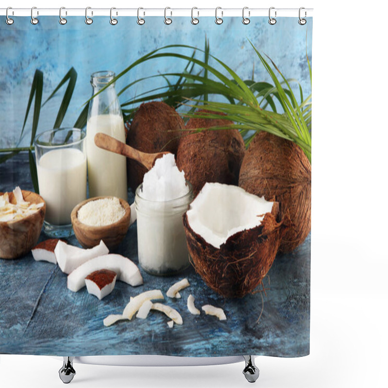 Personality  Coconut Products With Fresh Coconut, Coconut Flakes, Spa Oil. Ripe Coconut Fruits Shower Curtains