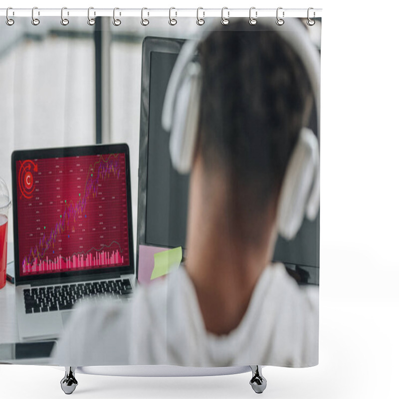 Personality  Back View Of African American Programmer In Headphones Looking At Laptop With Graphs And Charts On Screen Shower Curtains