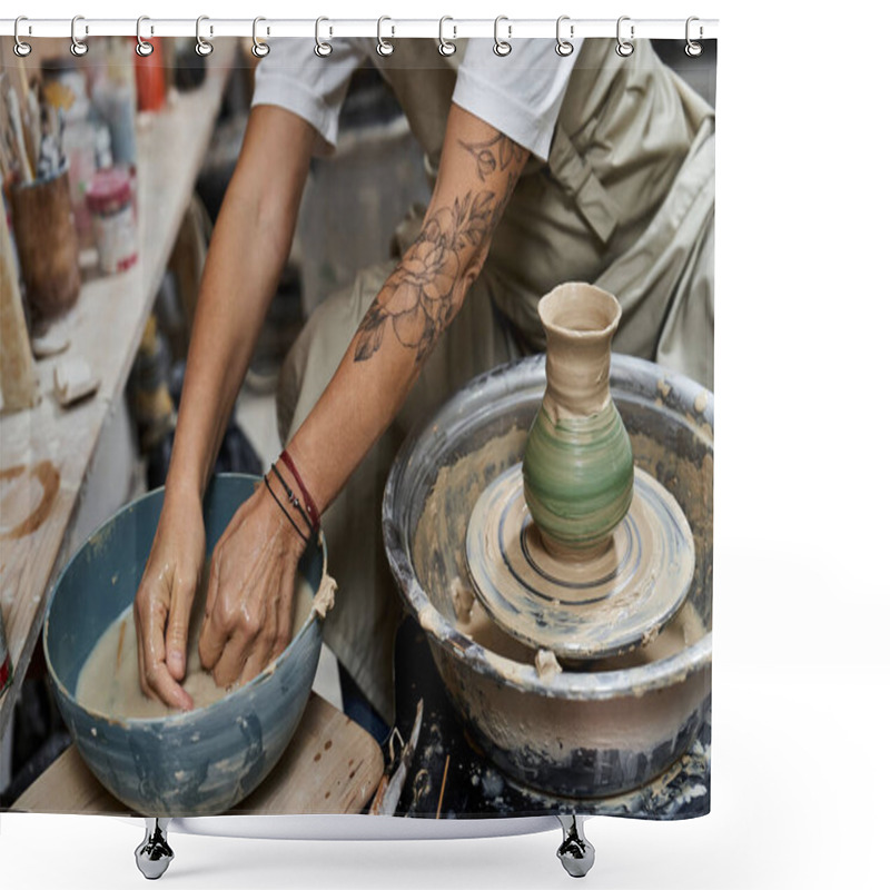 Personality  Hands Of An Experienced Woman Skillfully Mold Clay On A Pottery Wheel In A Bright Studio. Shower Curtains