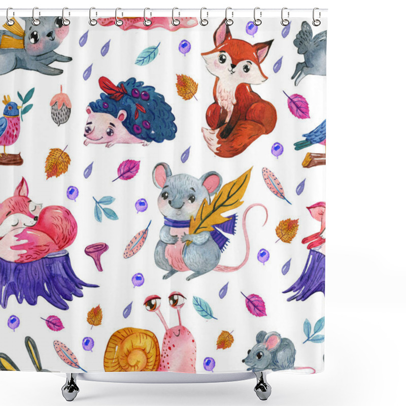 Personality  Watercolor Seamless Pattern With Forest Animals And Plants In A Cartoon Style. Hand Drew The Pattern With  Fox, Bunny, Snail, Bear, Rabbits, Mushrooms, Leaves, Acorn, Trees, Deer, Squirrel, Hedgehog. Shower Curtains