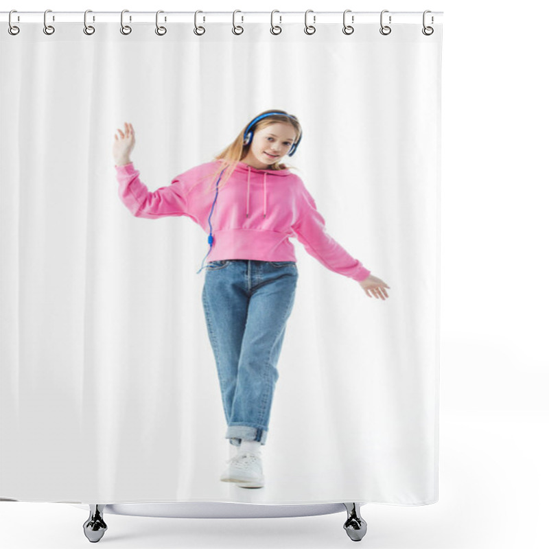 Personality  Full Length View Of Happy Teenage Girl In Blue Headphones Isolated On White Shower Curtains