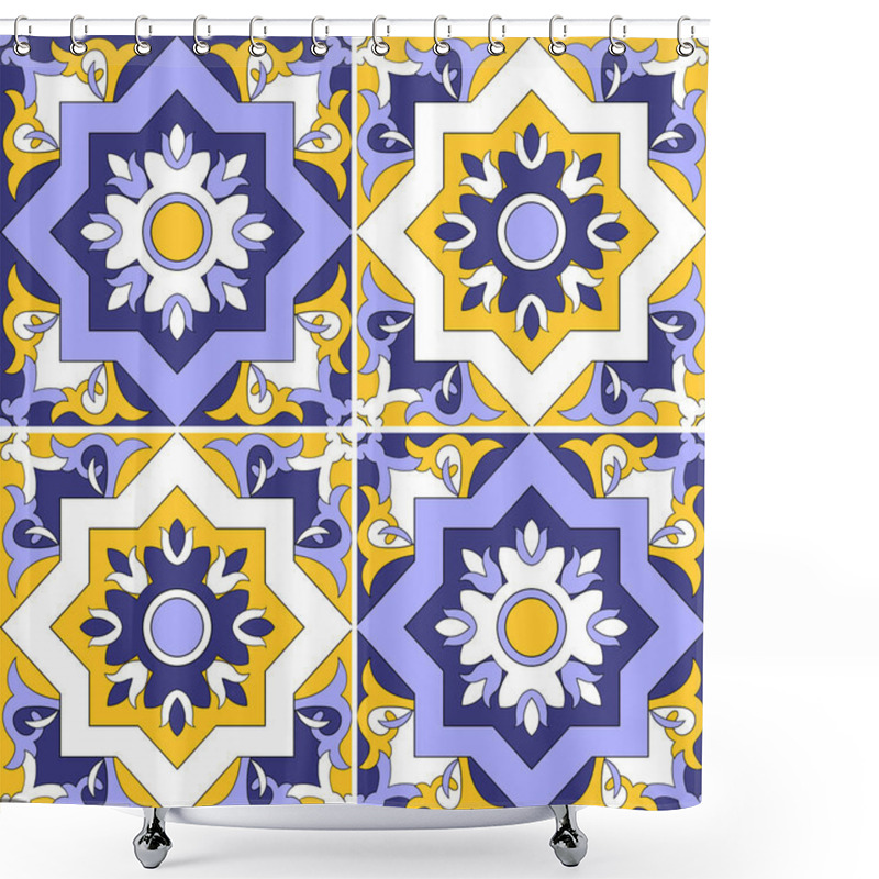 Personality  Tile Pattern Vector Seamless With Flowers Motifs. Azulejo, Portuguese Tiles, Spanish, Moroccan, Turkish Or Arabic Tiles Design. Tiled Print For Wrapping, Background Or Ceramic. Shower Curtains