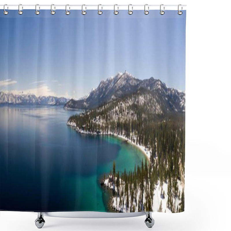 Personality  Panoramic Shot Of The Hills And The Forest Surrounding The Lake Tahoe In Winter Shower Curtains