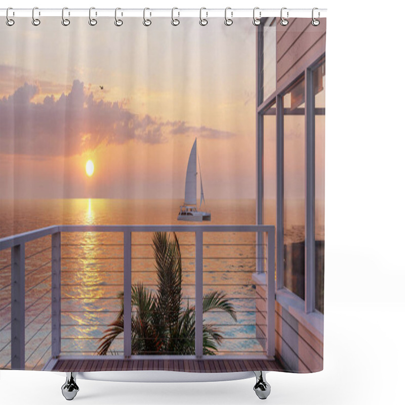 Personality  Outdoor Seaside Wooden Balcony Deck And Beautiful Sea View On Sunset, 3d Rendering Shower Curtains