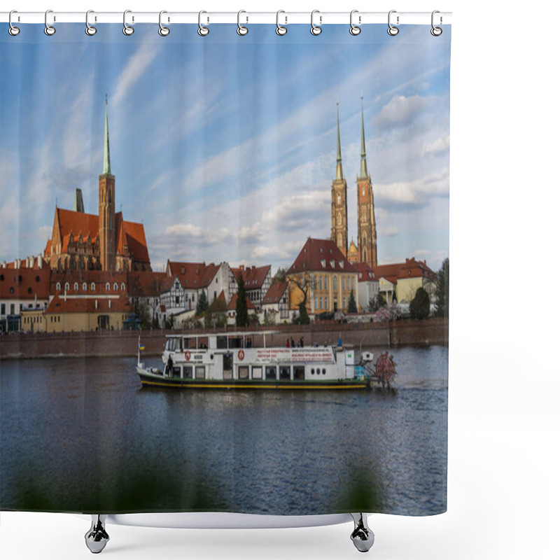 Personality  WROCLAW, POLAND - APRIL 18, 2022: Boat On River With St John Baptist Church At Background  Shower Curtains