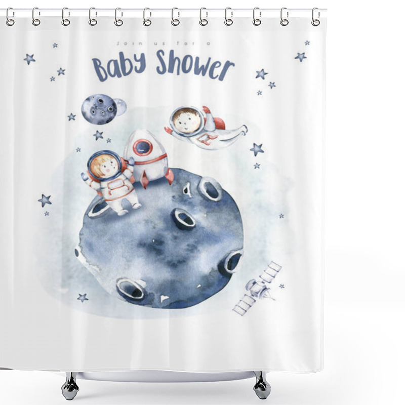 Personality  Astronaut Baby Boy Girl Elephant, Fox Cat And Bunny, Space Suit, Cosmonaut Stars, Planet, Moon, Rocket And Shuttle Isolated Watercolor Space Ship Illustration On White Background, Spaceman Cartoon Kid Astronout. Universe Illustration Nursery. Shower Curtains