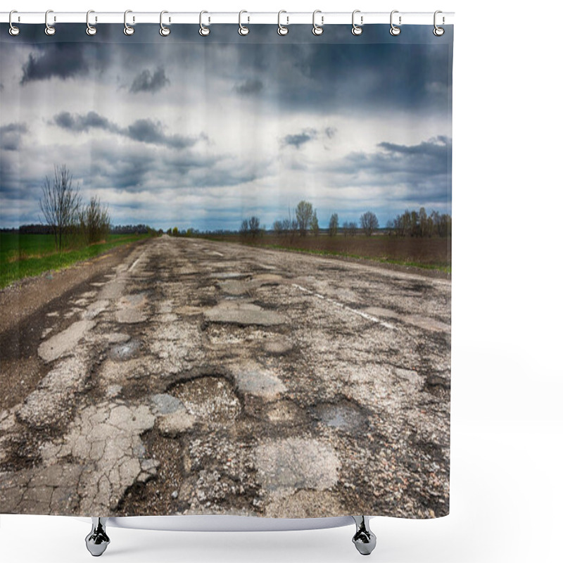 Personality  Old Road. Concept  Highway In Huge Pits And Potholes  Cloudy Weather, Sky In Thick Dark Clouds. Symbol Of  Hard Way, Choice Shower Curtains